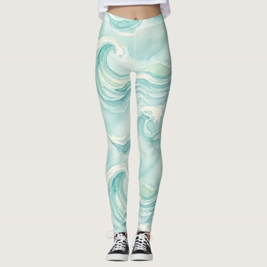 Waterverf Oceaan Golfpatroon Leggings (Voorkant)