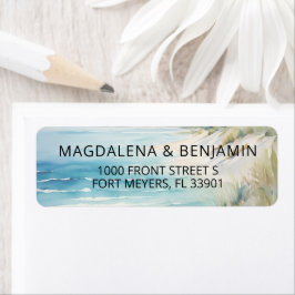 Waterverf Oceaan Kust Op Het Strand Trouwen Etiket