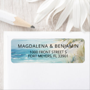 Waterverf Oceaan Kust Op Het Strand Trouwen Etiket