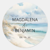 Waterverf Oceaan Kust Op Het Strand Trouwen Ronde Sticker (Voorkant)