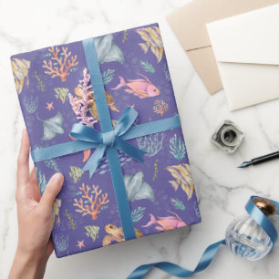 Waterverf Oceaan Leven Getextureerd Medium Paars Cadeaupapier