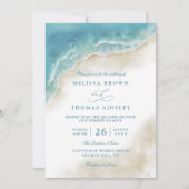 Waterverf Oceaan Strand Kust QR Code Bruiloft Kaart (Voorkant)