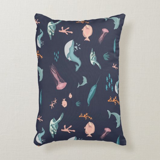 Waterverf Oceaan Zee Dieren Blauw Patroon Accent Kussen (Voorkant(Verticaal))