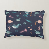 Waterverf Oceaan Zee Dieren Blauw Patroon Accent Kussen (Achterkant)
