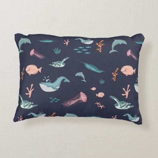 Waterverf Oceaan Zee Dieren Blauw Patroon Accent Kussen (Achterkant)