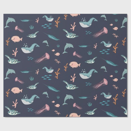Waterverf Oceaan Zee Dieren Blauw Patroon Cadeaupapier (Vlak)