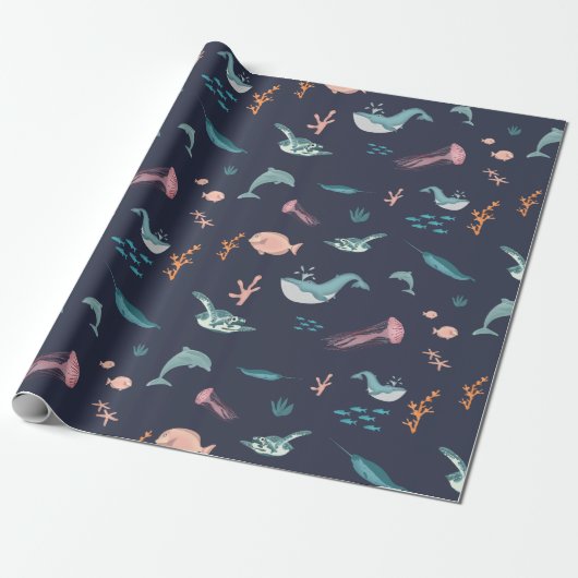 Waterverf Oceaan Zee Dieren Blauw Patroon Cadeaupapier (Uitgerold)