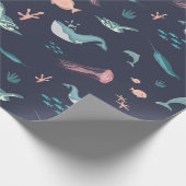 Waterverf Oceaan Zee Dieren Blauw Patroon Cadeaupapier (Hoek)