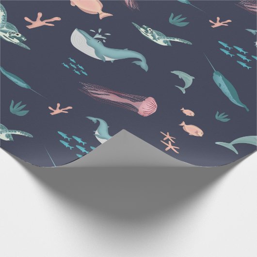 Waterverf Oceaan Zee Dieren Blauw Patroon Cadeaupapier (Hoek)