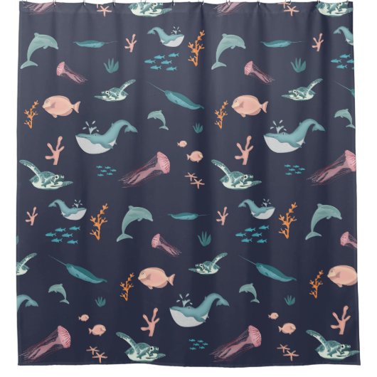 Waterverf Oceaan Zee Dieren Blauw Patroon Douchegordijn (Voorkant)