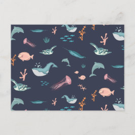 Waterverf Oceaan Zee Dieren Blauw Patroon Feestdagenkaart