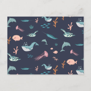 Waterverf Oceaan Zee Dieren Blauw Patroon Feestdagenkaart