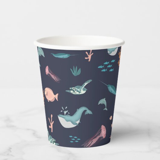 Waterverf Oceaan Zee Dieren Blauw Patroon Papieren Bekers (Voorkant)