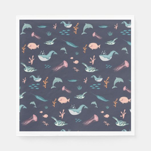 Waterverf Oceaan Zee Dieren Blauw Patroon Servet (Voorkant)