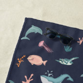 Waterverf Oceaan Zee Dieren Blauw Patroon Strandlaken (In situ)