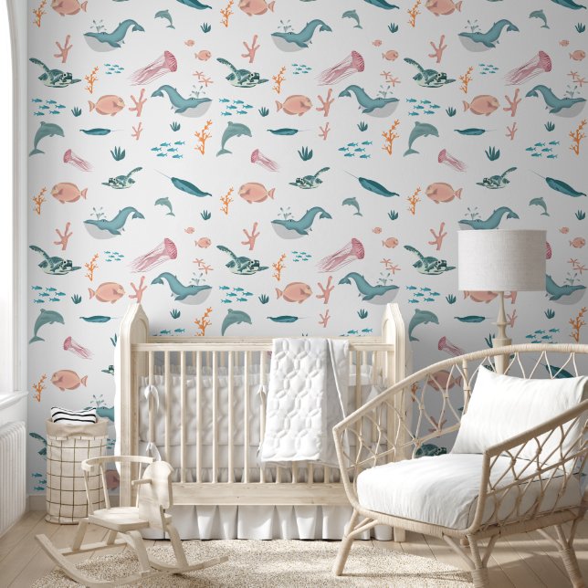 Waterverf Oceaan Zee Dieren Blush Pattern Kwekerij Behang (Kinderen)