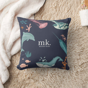 Waterverf Oceaan Zee Dieren Monogram Blauw Kussen