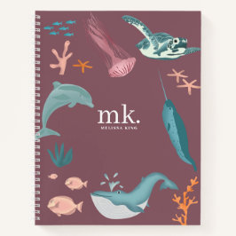 Waterverf Oceaan Zee Dieren Monogram Blush Roze Notitieboek