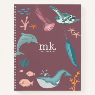 Waterverf Oceaan Zee Dieren Monogram Blush Roze Notitieboek