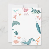 Waterverf Oceaan Zee Dieren Monogram Blush Roze Notitiekaartje (Voorkant)