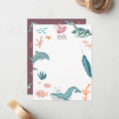 Waterverf Oceaan Zee Dieren Monogram Blush Roze Notitiekaartje (Voorkant / Achterkant in situ)