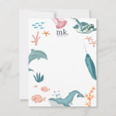 Waterverf Oceaan Zee Dieren Monogram Notitiekaartje (Voorkant)