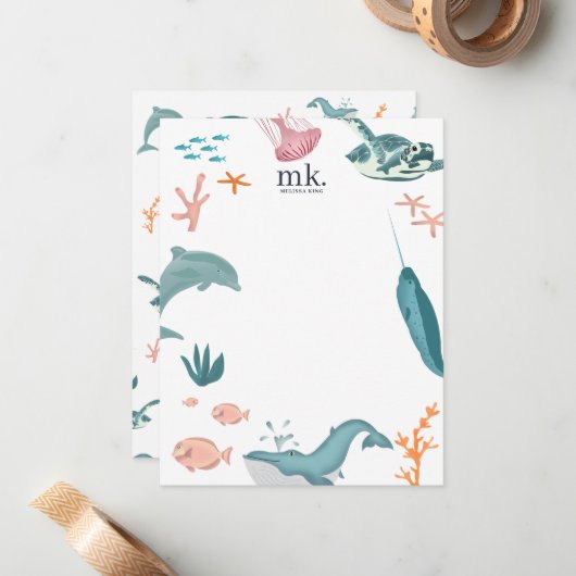 Waterverf Oceaan Zee Dieren Monogram Notitiekaartje (Voorkant / Achterkant in situ)