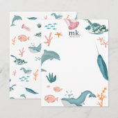 Waterverf Oceaan Zee Dieren Monogram Notitiekaartje (Voorkant / Achterkant)
