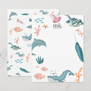 Waterverf Oceaan Zee Dieren Monogram Notitiekaartje
