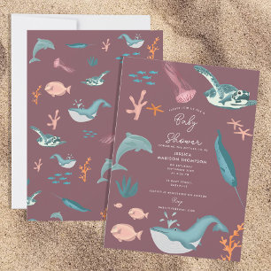 Waterverf Oceaan Zee Dieren Roze Baby shower Kaart
