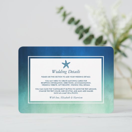 Waterverf Oceaan Zeester Strand Bruiloft Details Informatiekaartje (Staand voorkant)