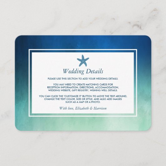 Waterverf Oceaan Zeester Strand Bruiloft Details Informatiekaartje (Voorkant)