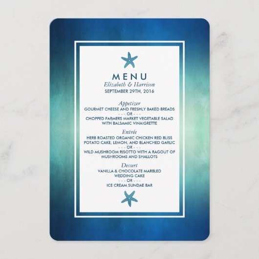 Waterverf Oceaan Zeester Strand Bruiloft Menu (Voorkant)