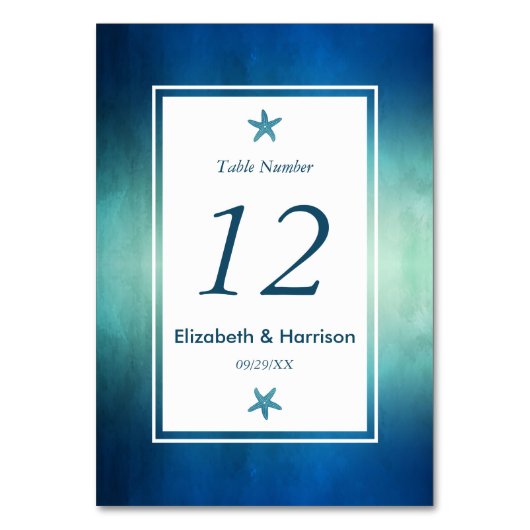 Waterverf Oceaan Zeester Strand Bruiloft Nummer Kaart (Voorkant)