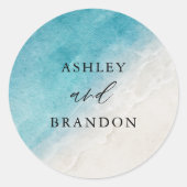 Waterverf Oceaan Zomer Blauwe Strand Bruiloft Ronde Sticker (Voorkant)