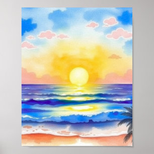 Waterverf Oceaan Zonsondergang Poster Zachte Goude