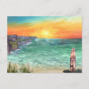 Waterverf Oceaan Zonsondergang Vintage Reis Post Briefkaart