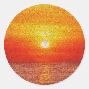 Waterverf oceaan zonsondergang zomer strand golven ronde sticker