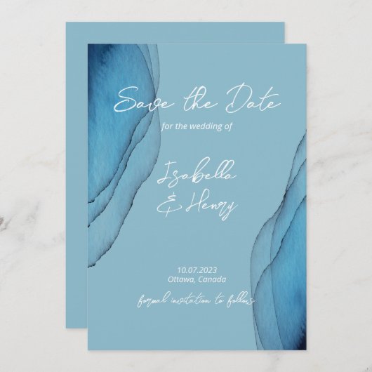 Waterverf oceaanblauw aquamarine save the date (Voorkant / Achterkant)