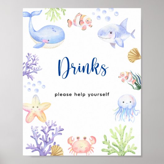 Waterverf oceaandieren baby shower - Drinken Poster (Voorkant)