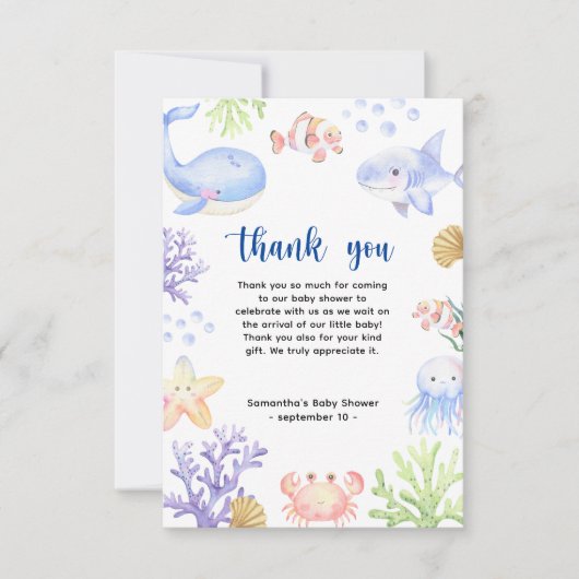 Waterverf oceaandieren - dank u baby shower bedankkaart (Voorkant)
