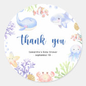 Waterverf oceaandieren - dank u baby shower ronde sticker (Voorkant)