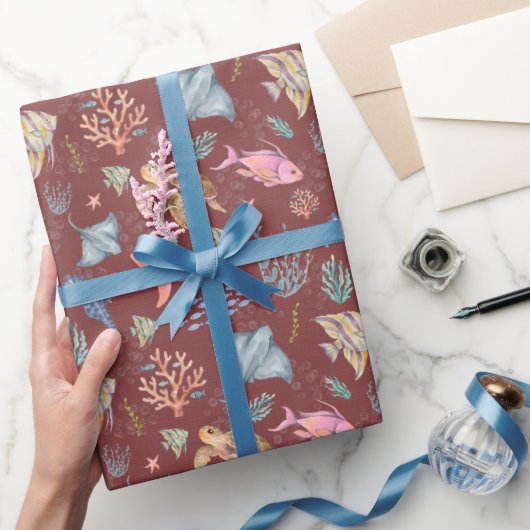 Waterverf Oceaanleven Gestructureerd Grijs Sangria Cadeaupapier (Geschenken)