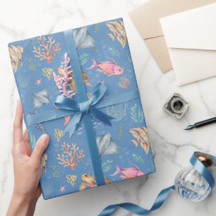 Waterverf Oceaanleven Gestucteerd Medium Blauw Cadeaupapier