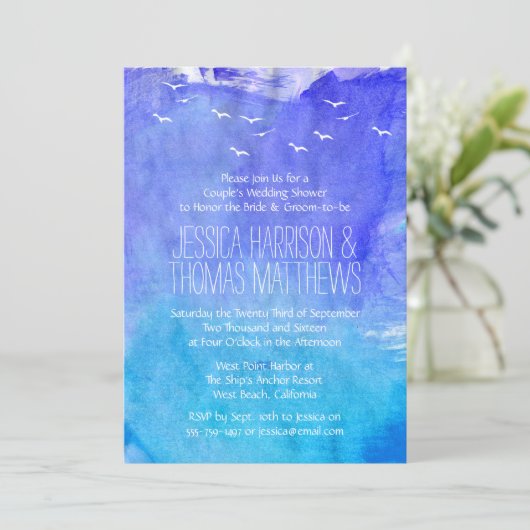 Waterverf Ocean Beach Couple's Wedding Shower Kaart (Staand voorkant)