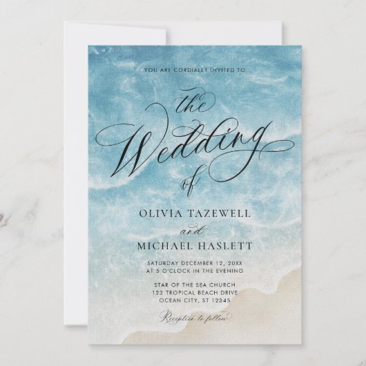 Waterverf Ocean Beach Elegant Script Wedding Kaart (Voorkant)