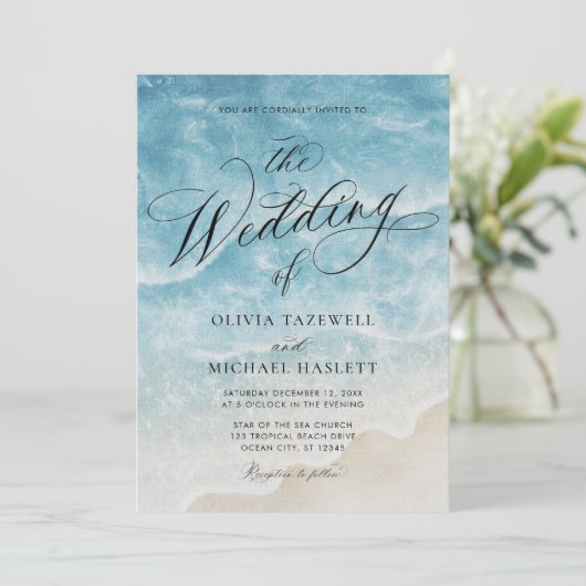 Waterverf Ocean Beach Elegant Script Wedding Kaart (Staand voorkant)