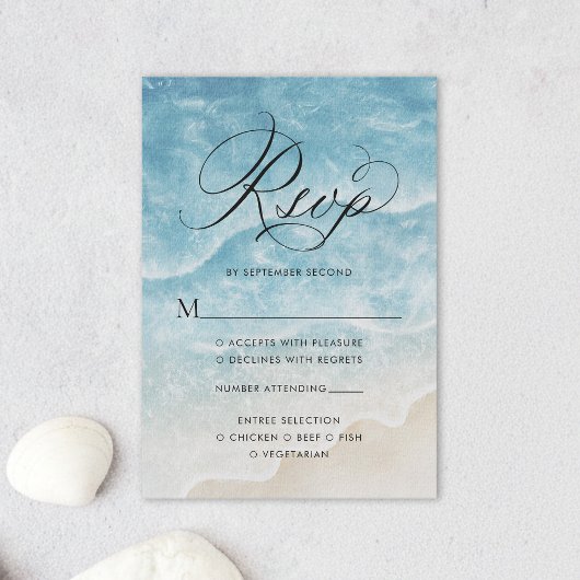 Waterverf Ocean Beach Elegant Script Wedding RSVP Kaartje