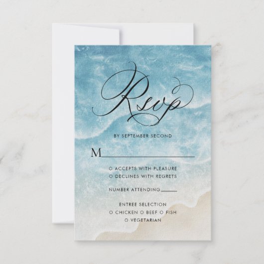 Waterverf Ocean Beach Elegant Script Wedding RSVP Kaartje (Voorkant)