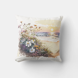 Waterverf Ocean Beach met Flowers Kussen